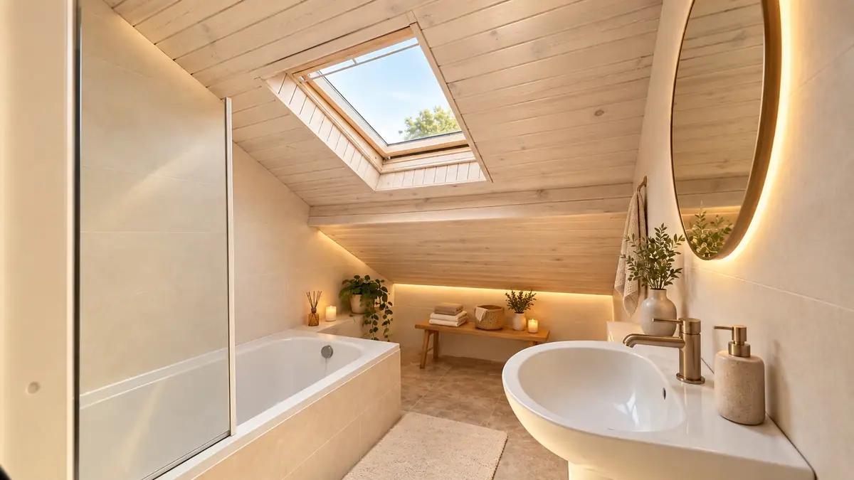Inspiration de salle de bain lumineuse sous toiture pour l’appartement du Jardin