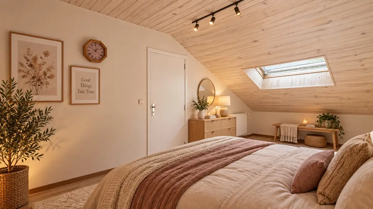 Inspiration de chambre chaleureuse sous toiture pour l’appartement du Jardin