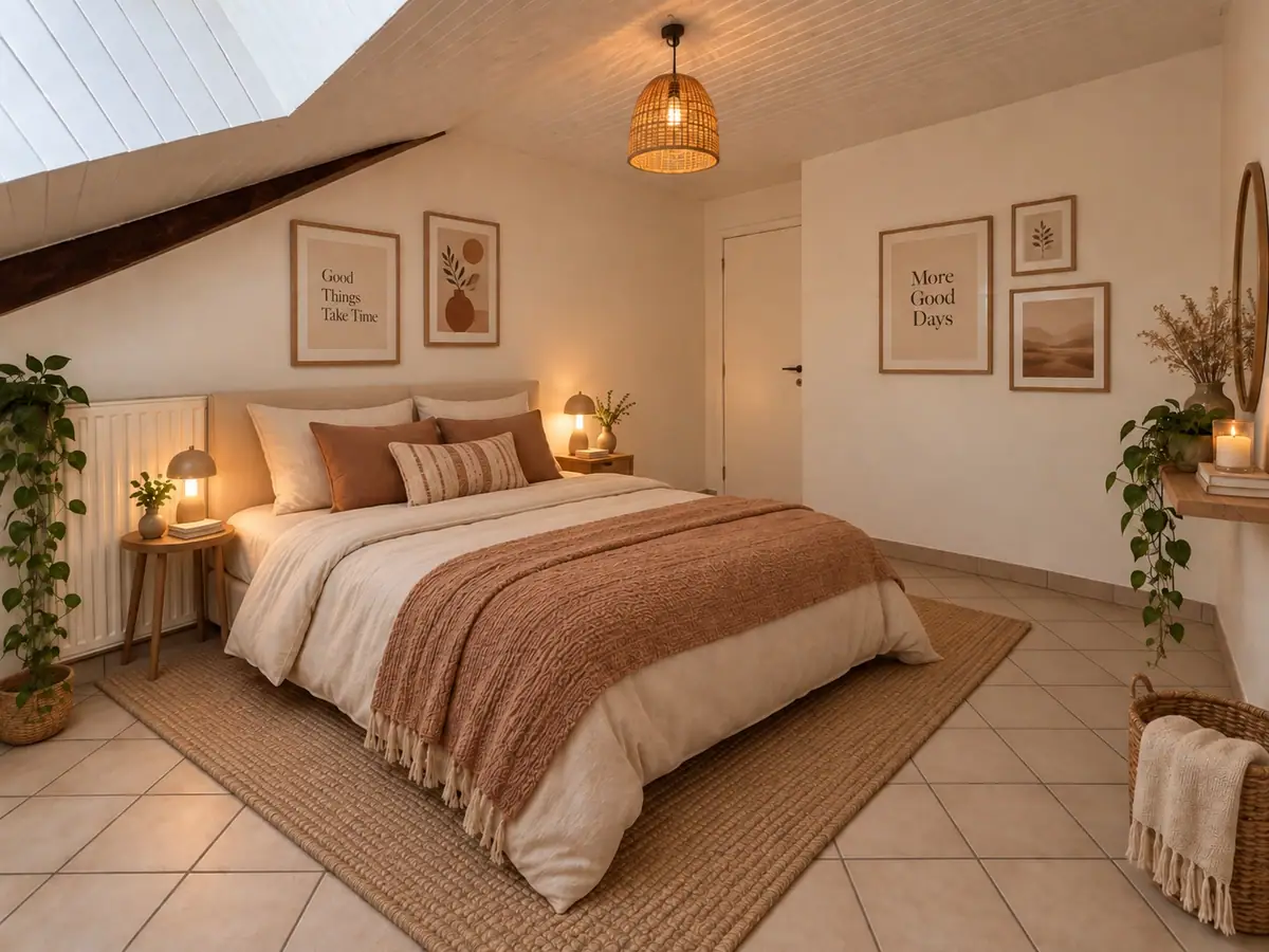 Inspiration de chambre chaleureuse sous pente pour l’appartement des Poutres