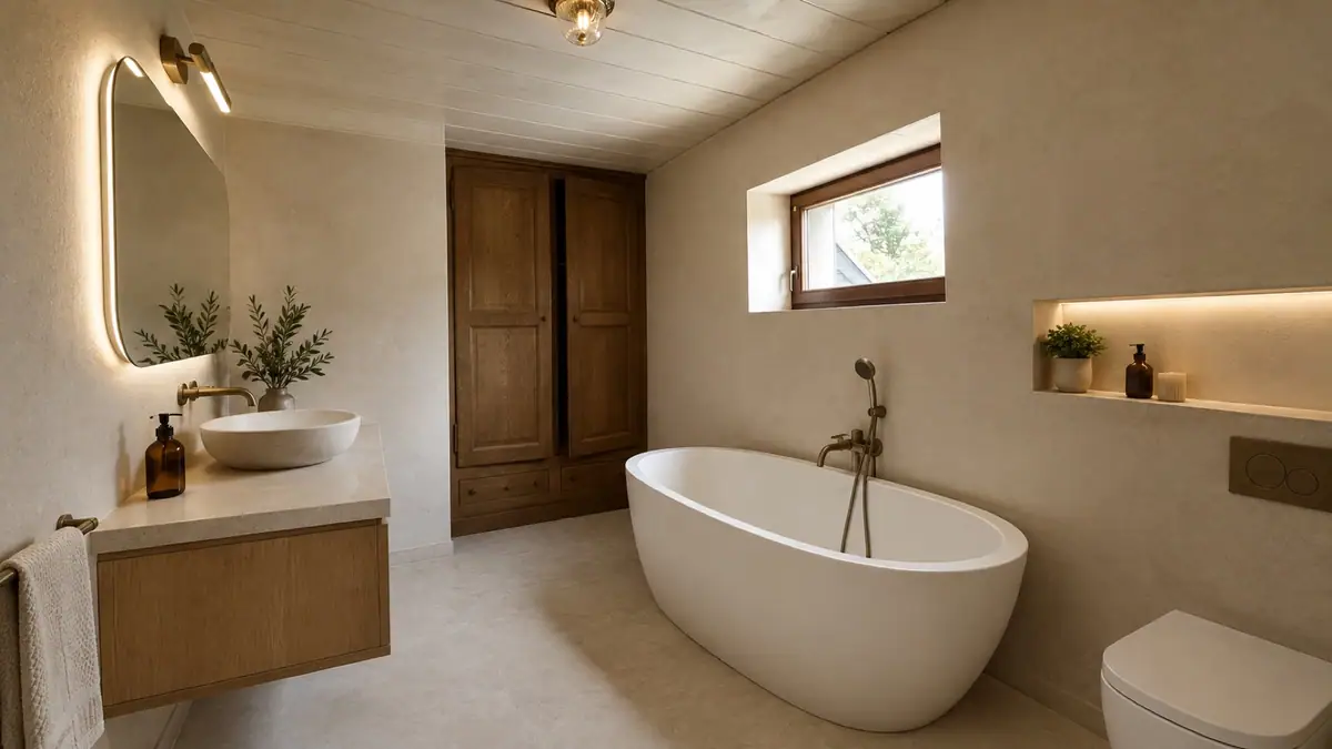 Projection de la salle de bain après travaux, avec baignoire îlot