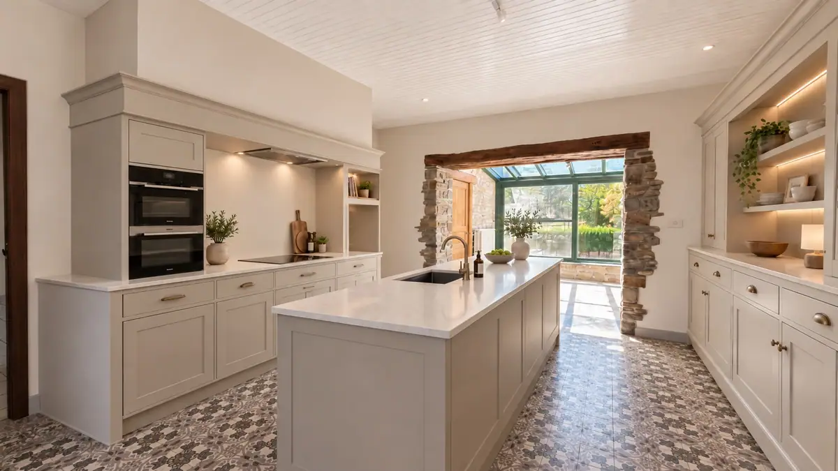 Projection de la cuisine après travaux, avec le même sol en carreaux de ciment