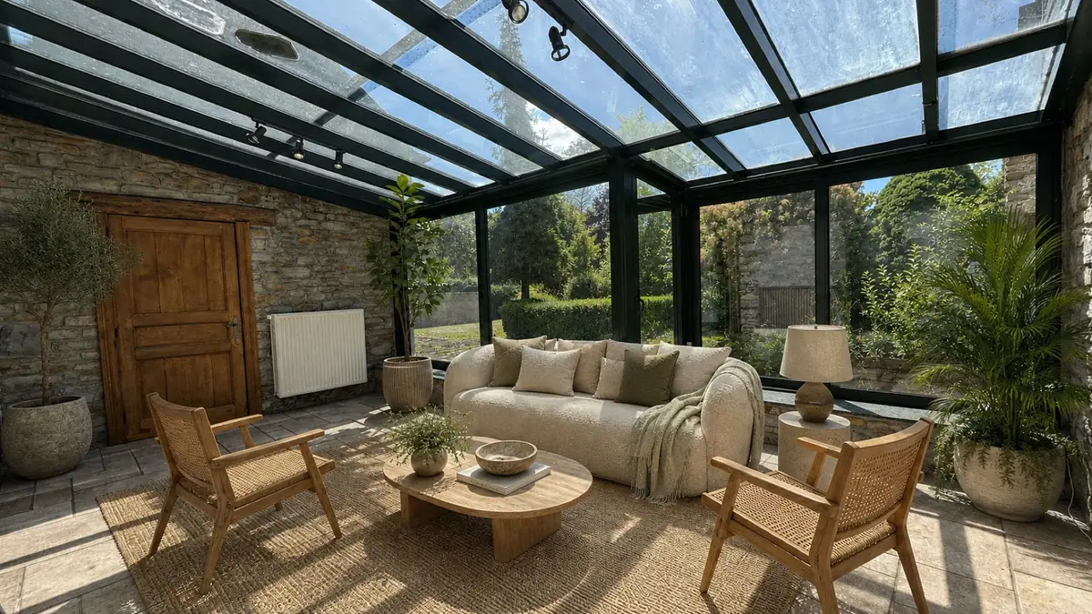 La véranda de la maison de Pierre, meublée en salon baigné de soleil