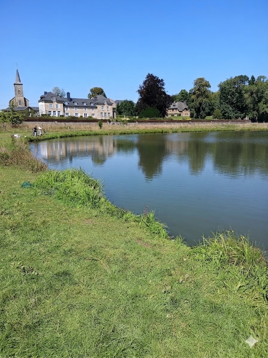 Un étang de Freux avec le château et l’église à l’arrière-plan